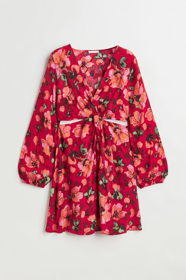 H&M Knot-detail Cut-out Dress Red/floral