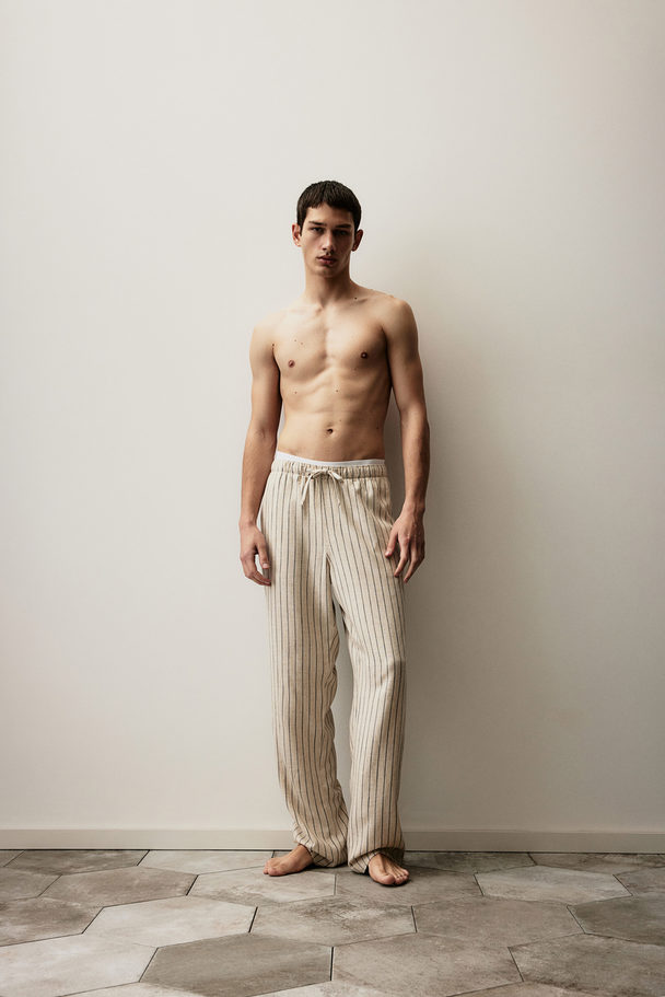 H&M Relaxed Fit Linen-blend Trousers Light Beige/striped