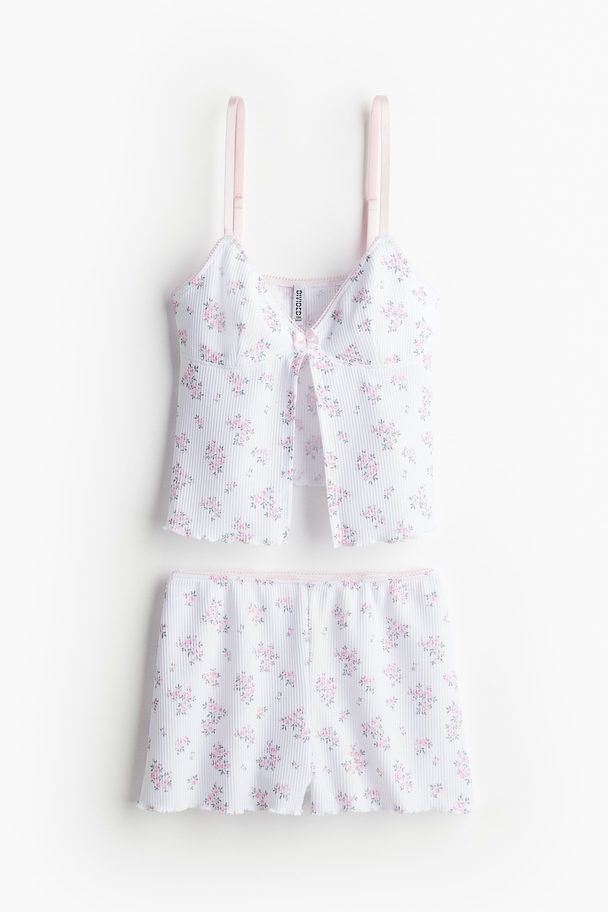 H&M Pyjamas Med Linne Och Shorts Vit/blommig