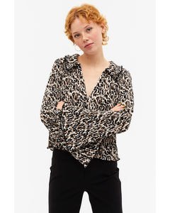 Leopard Print Pleated Button Up Blouse Leopard