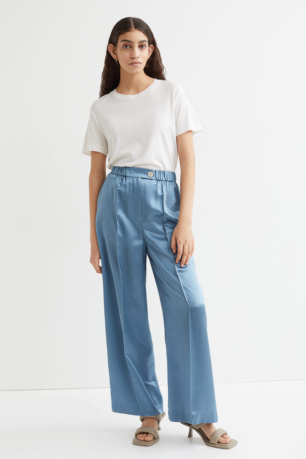 H&M Straight Silk-blend Trousers Blue