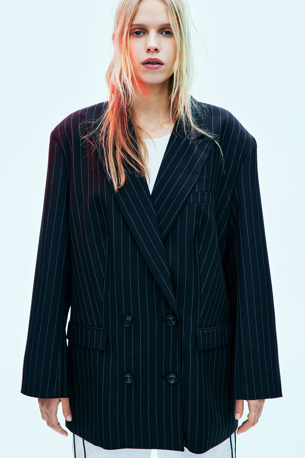 H&M Oversized Double-breasted Blazer Black/pinstriped