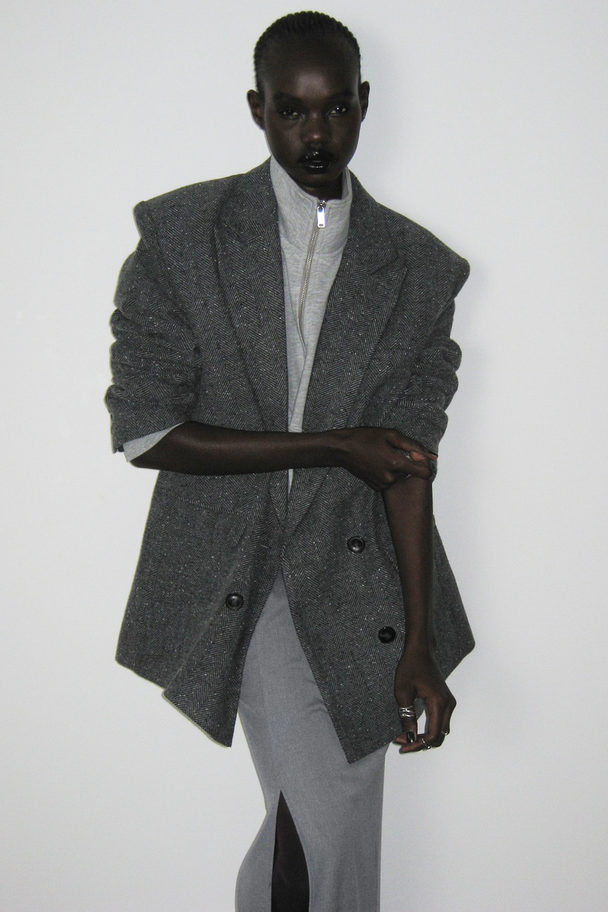 H&M Zweireihiger Blazer in Oversize-Passform Grau/Fischgrätmuster