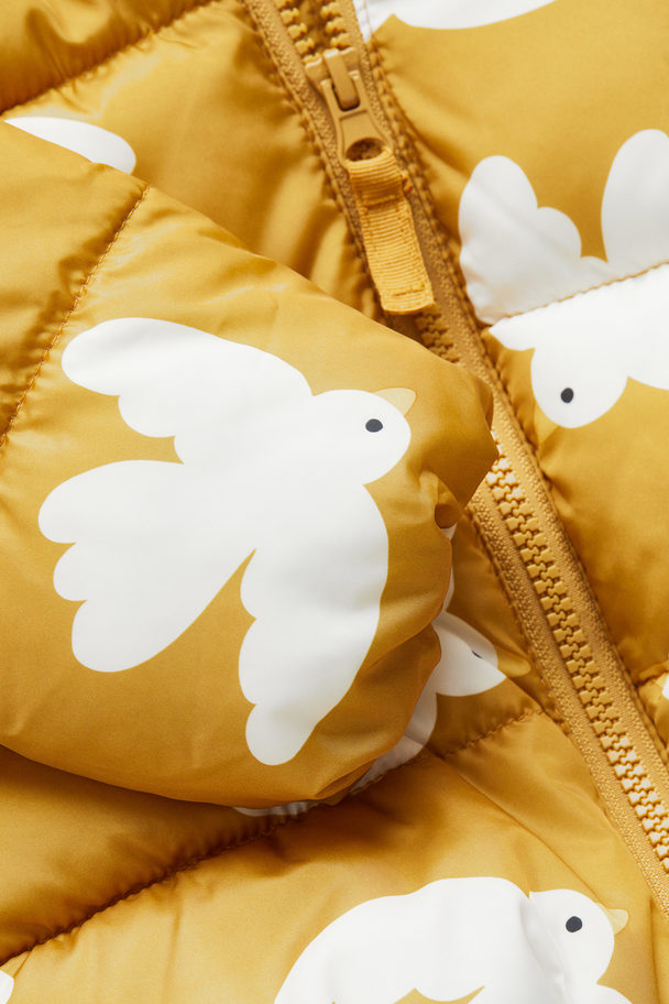 H&M Hooded Puffer Jacket Mustard Yellow/birds