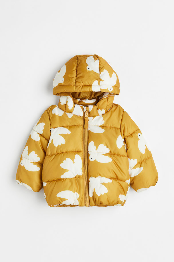 H&M Hooded Puffer Jacket Mustard Yellow/birds