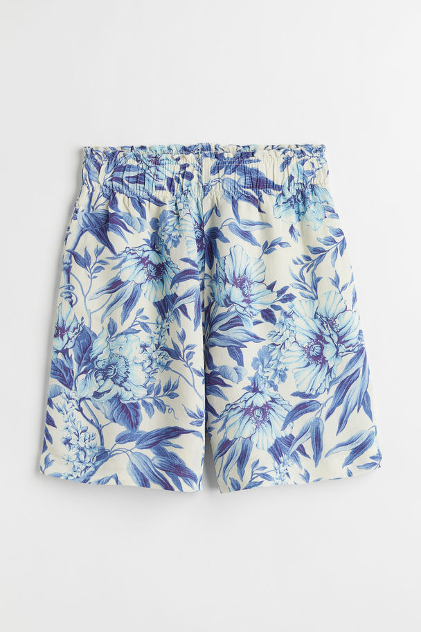 H&M Linen-blend Pull-on Shorts Blue/floral