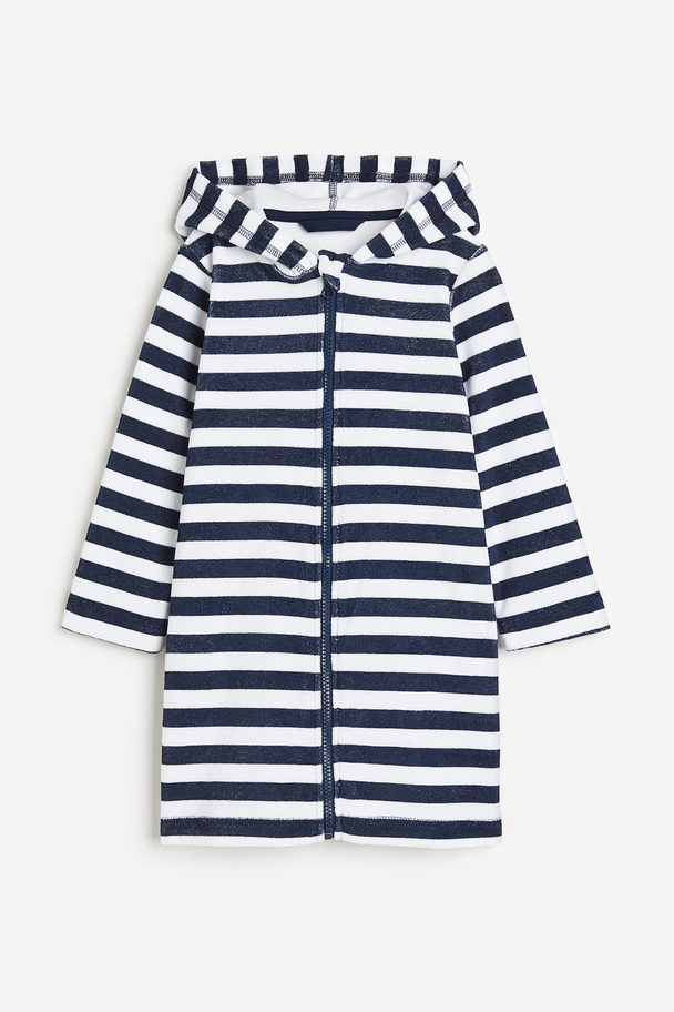 H&M Printed Terry Dressing Gown Dark Blue/striped