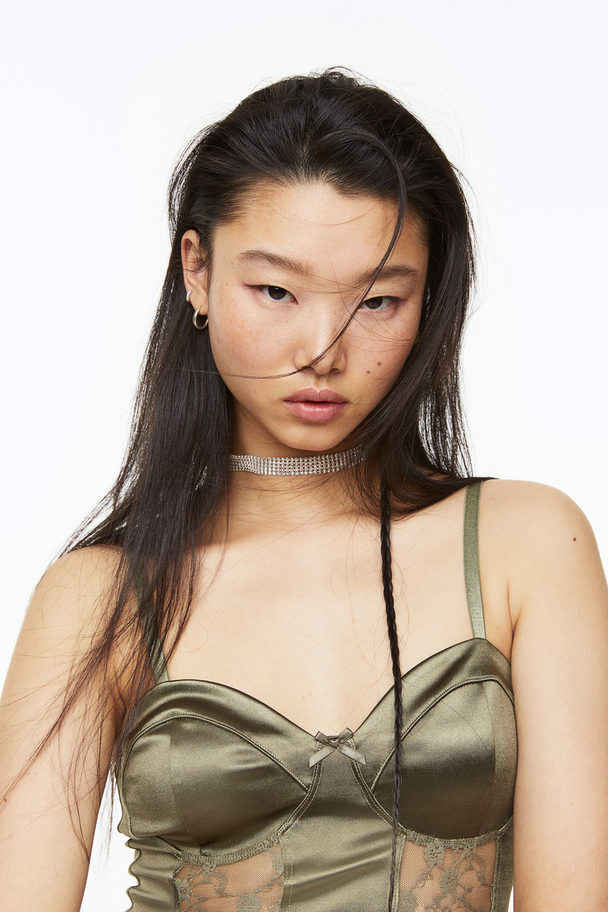 H&M Lace-detail Satin Bustier Top Khaki Green