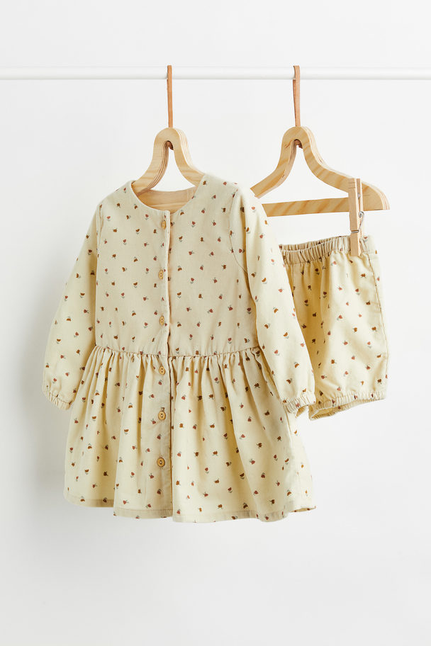 H&M Cotton Corduroy Dress And Puff Pants Light Beige/floral