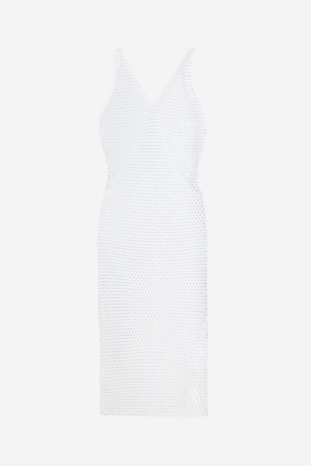 H&M Rhinestone-embellished Net Dress White/silver-coloured