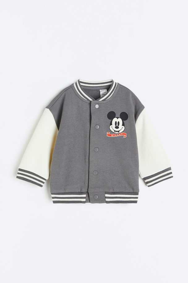 H&M Printed Baseball Jacket Grey/mickey Mouse
