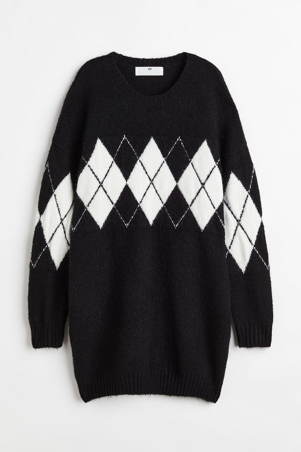 H&M Knitted Dress Black/argyle-patterned