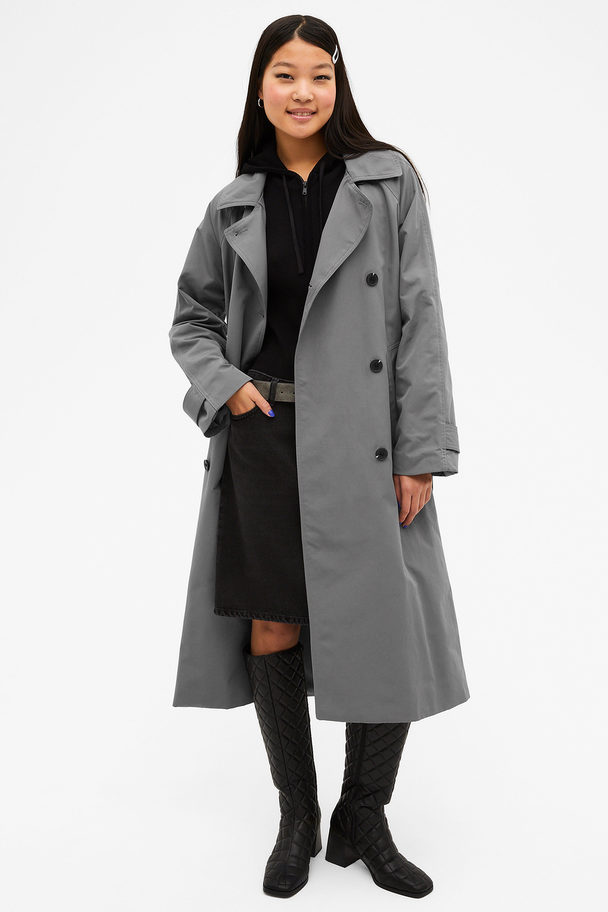 Monki Double-breasted Mid Length Trench Coat Grey