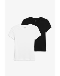 2-pakk Svarte Og Hvite Ribbede T-skjorter Svart Og Hvit