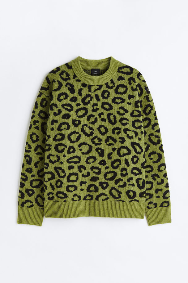 H&M Jacquard-Pullover Oversized Fit Grün/Leopardenmuster