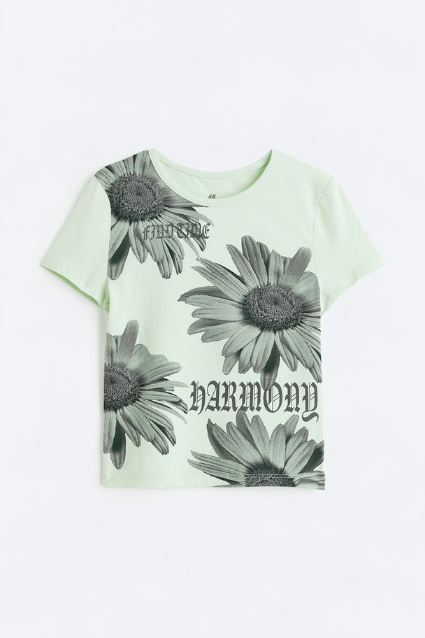 H&M T-shirt Med Trykk Lys Grønn/blomster