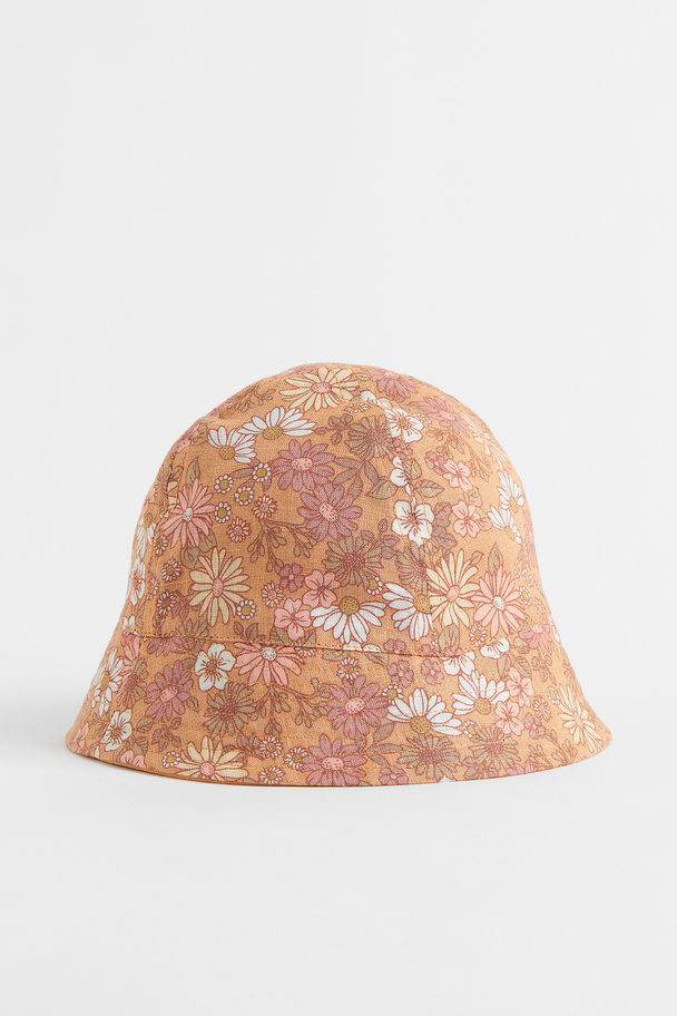 H&M Linen Sun Hat Dark Beige-pink/floral