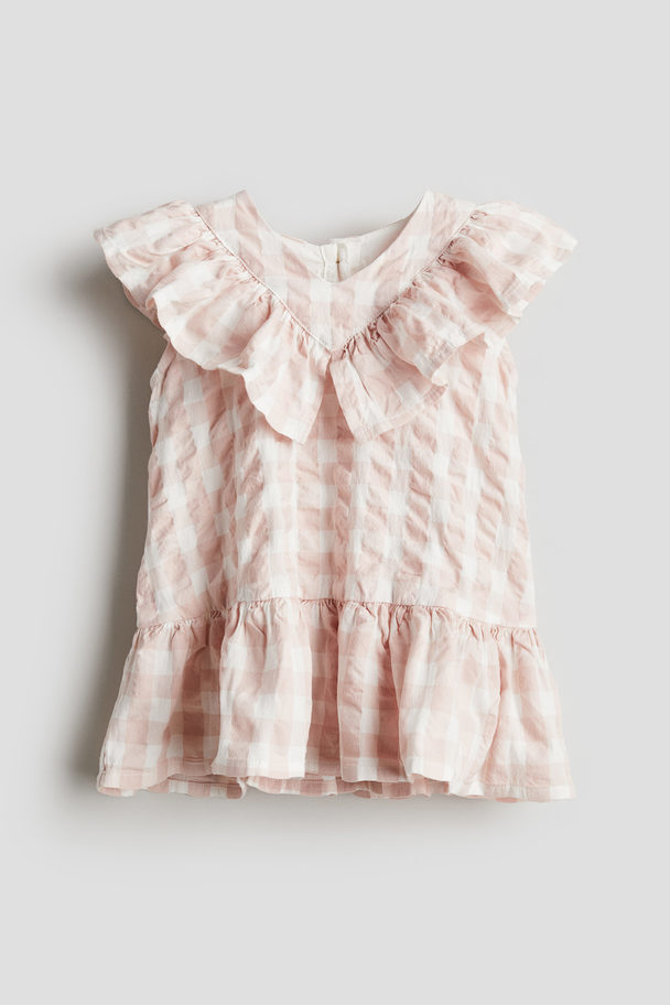 H&M Frill-trimmed Cotton Dress Light Pink/checked