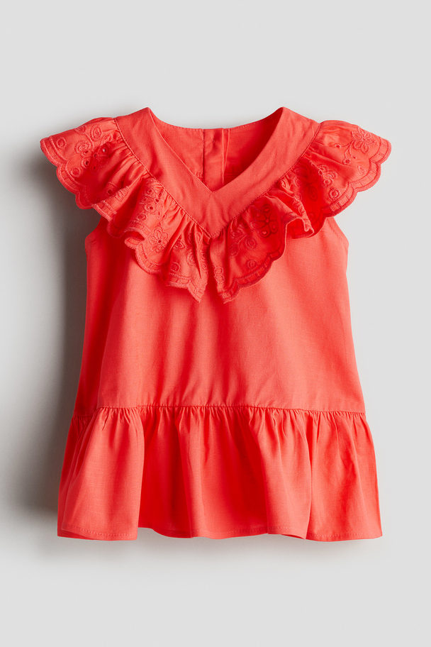 H&M Frill-trimmed Cotton Dress Light Red