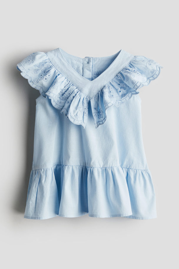 H&M Frill-trimmed Cotton Dress Light Blue