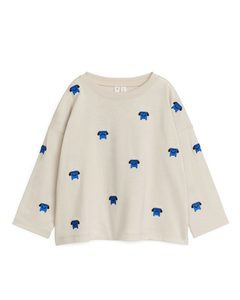 Embroidered Long Sleeve Top Beige/blue