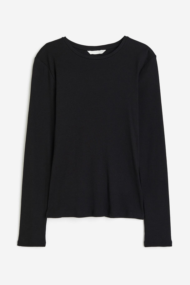 H&M Geribde Top Met Lange Mouwen Zwart