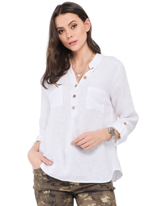 Buttoned Tunisian Collar Blouse With Front Pockets