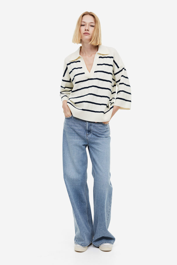 H&M Gerippter Pullover mit Kragen Cremefarben/Gestreift