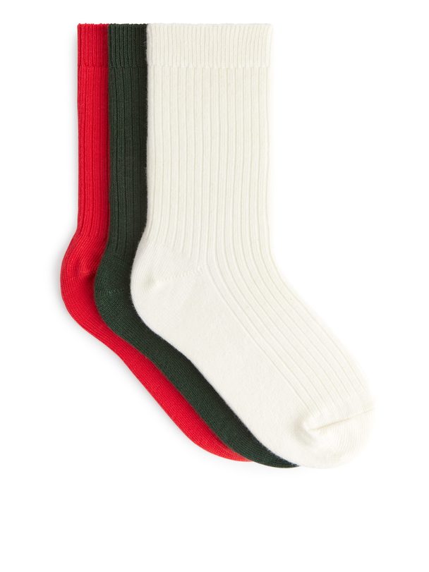 ARKET Rib Knit Socks, 3 Pairs Off White/red/green