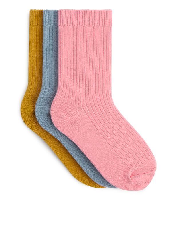 ARKET Rib Knit Socks, 3 Pairs Pink/mustard/blue