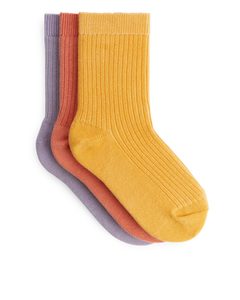Rib Knit Socks, 3 Pairs Lilac/peach/yellow