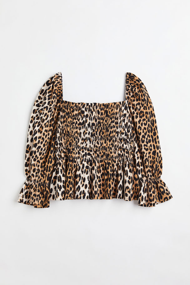 H&M H&M+ Gesmoktes Shirt Beige/Leopardenmuster