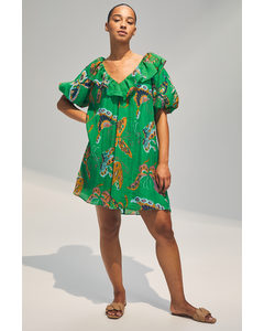 Kleid mit V-Neck und Ballonärmeln Grün/Schmetterlinge