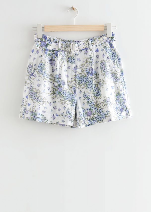 & Other Stories Printed Belted Linen Shorts Blue Florals