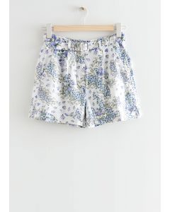 Printed Belted Linen Shorts Blue Florals