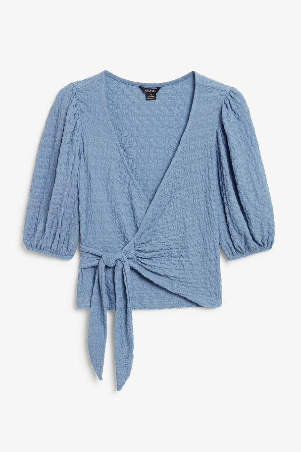 Monki Blue Wrap Top With Puff Sleeves Blue Dusty Light