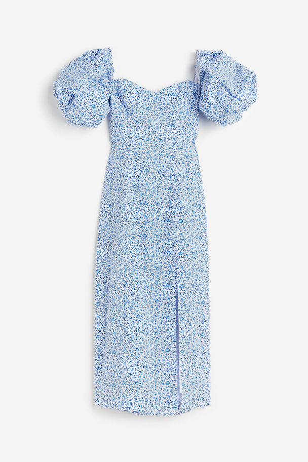 H&M Off-the-shoulder Puff-sleeved Dress White/blue Floral