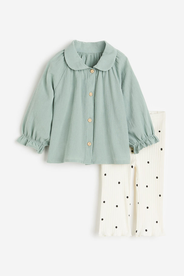 H&M 2-piece Blouse And Leggings Set Dusty Green/spotted