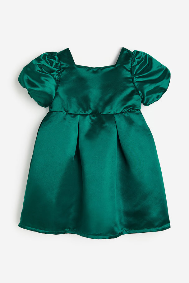 H&M Balloon-sleeved Satin Dress Dark Green