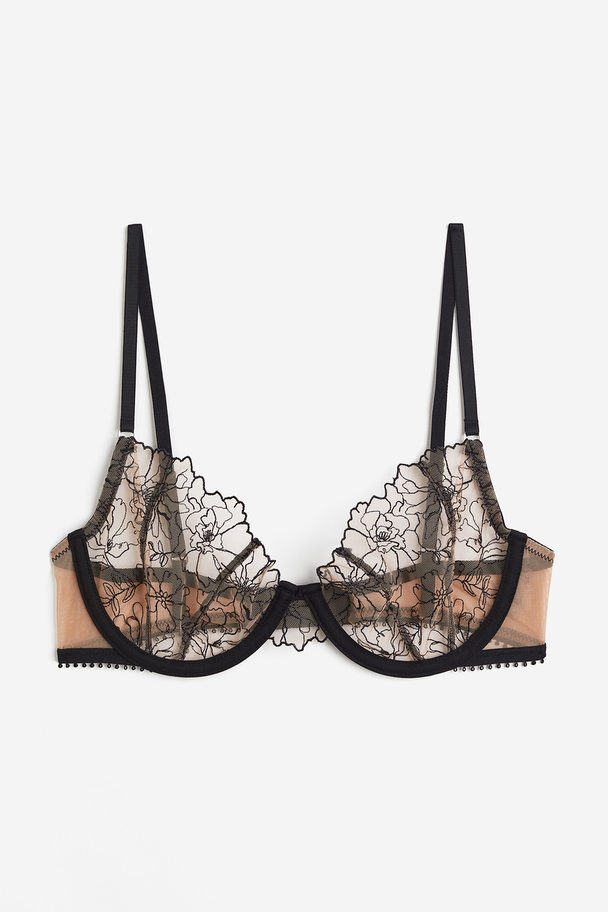 H&M Non-padded Underwired Embroidered Demi Bra Beige/floral