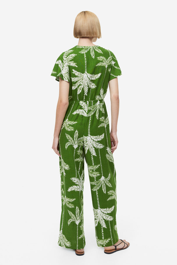 H&M Linen-blend Jumpsuit Green/palm Trees