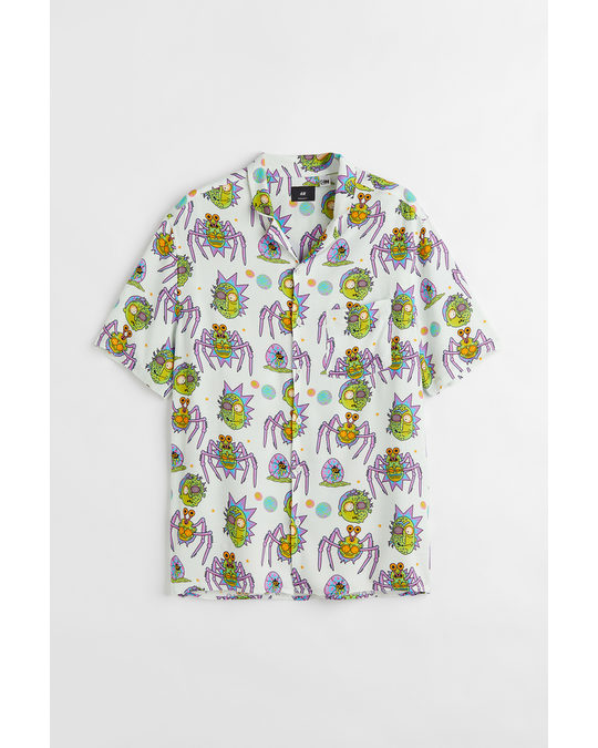 H&M Relaxed Fit Patterned Resort Shirt Light Green/rick And Morty