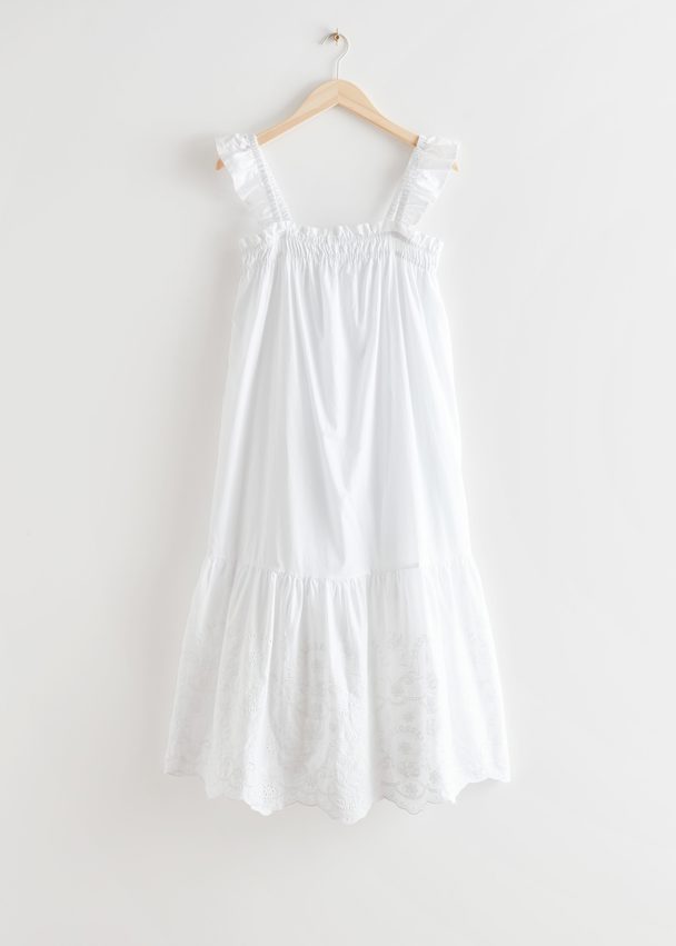 & Other Stories Frilled Embroidery Midi Dress White