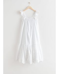 Frilled Embroidery Midi Dress White