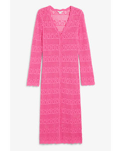 Pink Crochet Style V Neck Midi Dress Pink