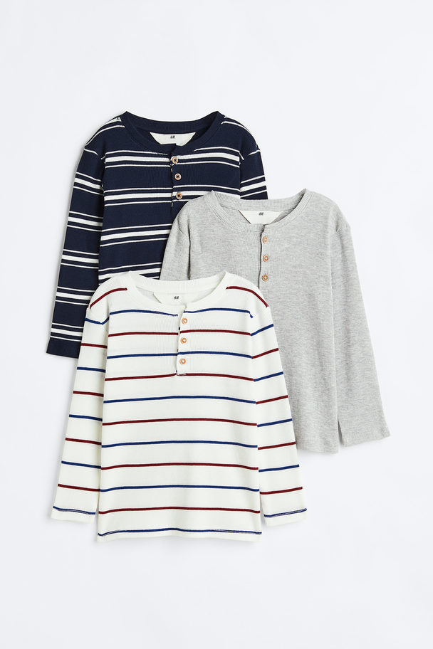 H&M 3-pack Cotton Henley Tops Navy Blue/striped