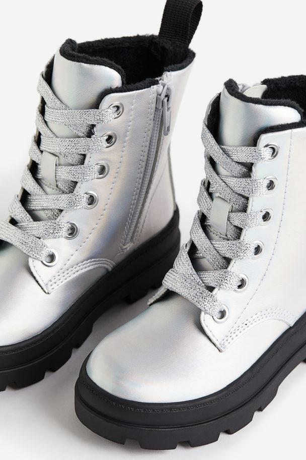 H&M Warm-lined Lace-up Boots Silver-coloured