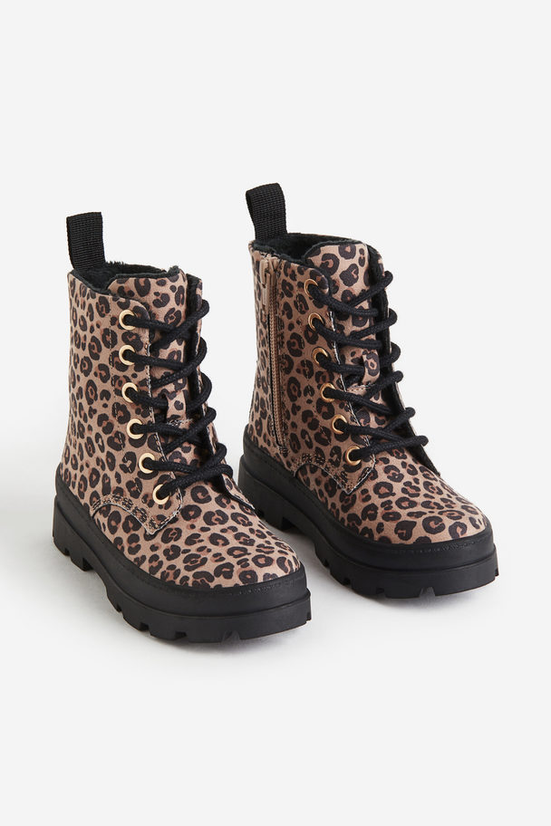 H&M Warm-lined Lace-up Boots Light Beige/leopard Print