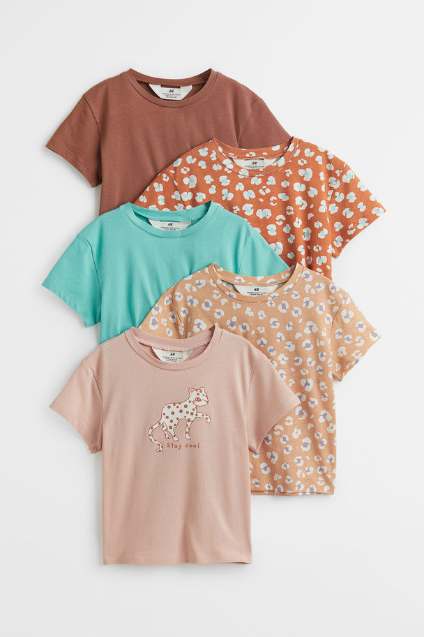 H&M Set Van 5 T-shirts Met Print Lichtoranje/luipaarddessin
