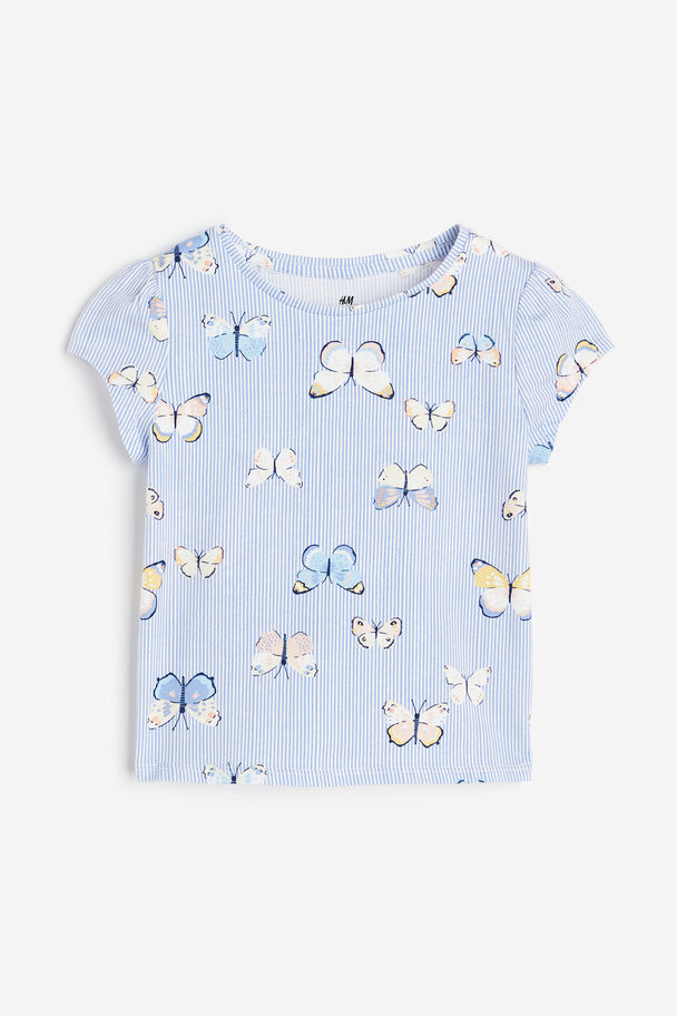 H&M Jerseyshirt mit Puffärmeln Hellblau/Schmetterlinge